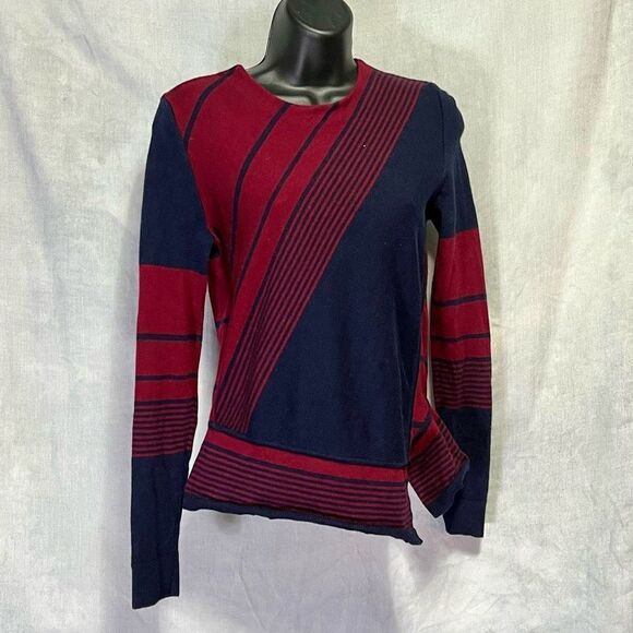 TORY BURCH “RED AGATE” LION STRIPE WOOL ASYMMETRICAL NAVY RED SWEATER SIZE XS EU - Picture 1 of 5